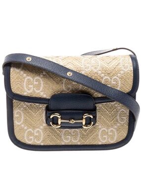 Gucci rattan GG logo  horsebit Crossbody with Navy Leather Trim